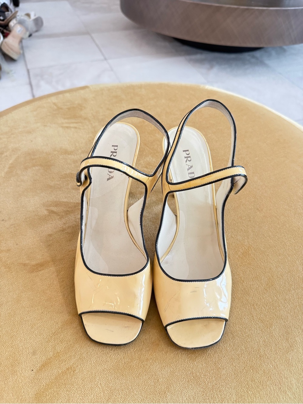 Prada Yellow Patent Leather Mary Jane Slingback Heels with Black Trim - Picture 2 of 11